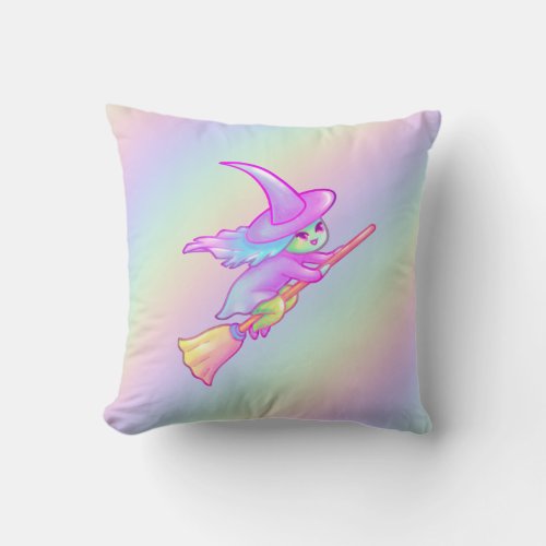 Happy Witch Flying On Broomstick Drawing Throw Pillow