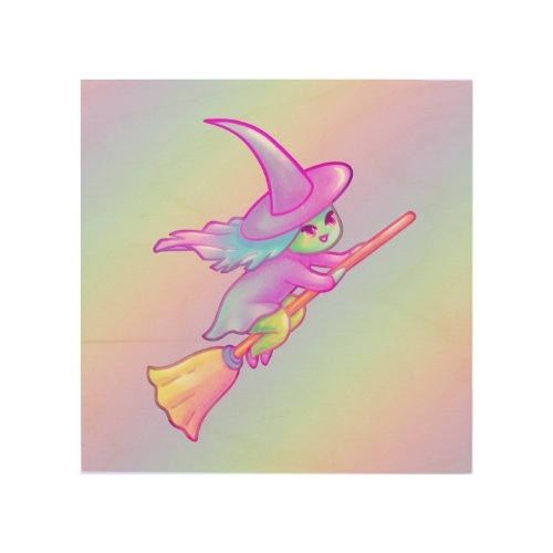 Happy Witch Flying On Broomstick Drawing Wood Wall Art