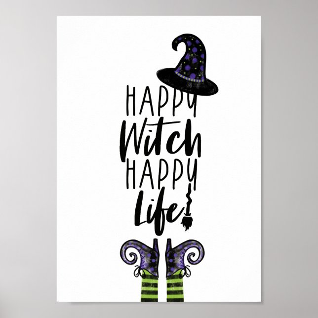 Happy Witch Happy Life | White Halloween Witch Poster (Front)