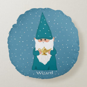 Happy Wizard Gnome & Magic Lamp on Sapphire Blue Round Pillow