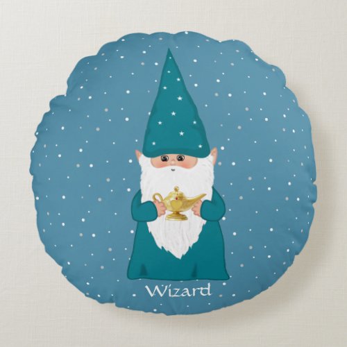 Happy Wizard Gnome  Magic Lamp on Sapphire Blue Round Pillow