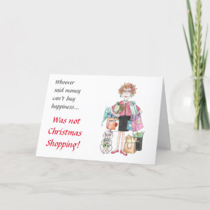 Happy Woman Caricature, She Knew Where to Shop Holiday Card