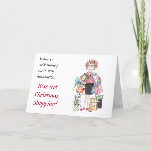 Happy Woman Caricature She Knew Where to Shop Holiday Card