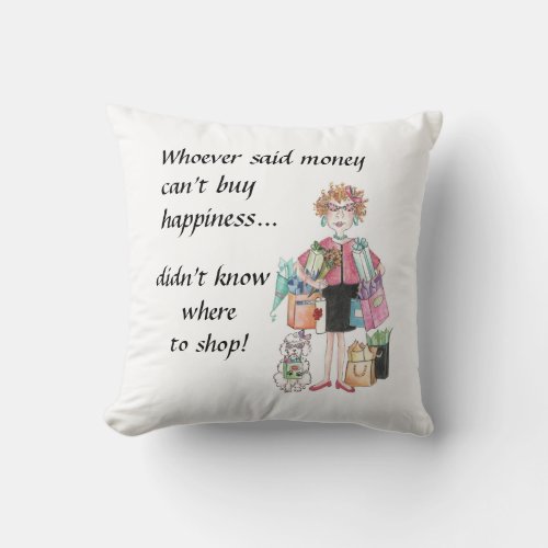 Happy Woman Caricature She Knew Where to Shop  Throw Pillow