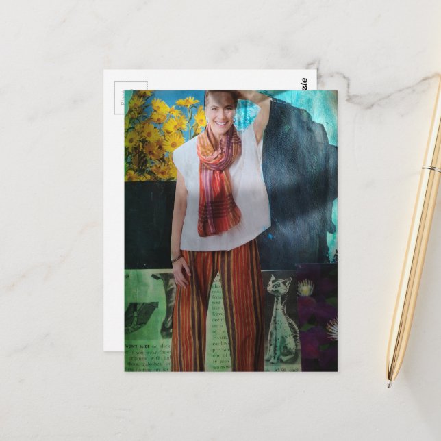 Happy Woman Retro Cat Mixed Media Collage Postcard (Front/Back In Situ)