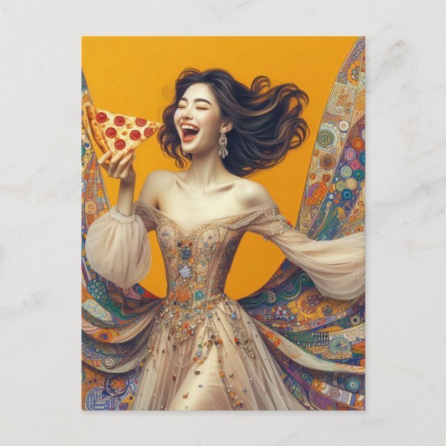 Happy Woman With Pizza Colorful Unique Postcard (Front)