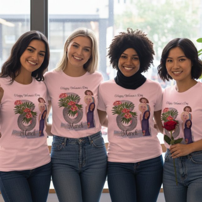 Happy Women's Day | March 8th Pink T-Shirt (Happy Women's Day  March 8th Pink T-Shirt- showing diversified women matching T_shirt  )