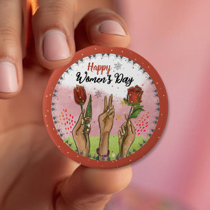 Happy Women's Day Red Button Hands Holding Tulips