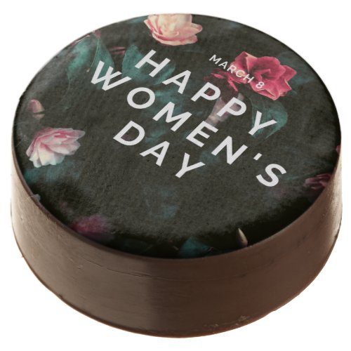 Happy womens day text on floral chocolate covered oreo