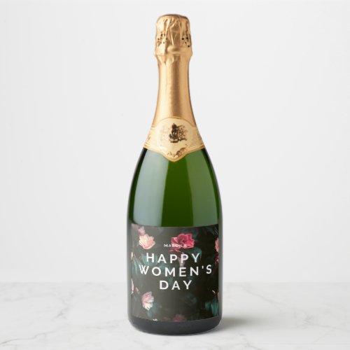 Happy womens day text on floral sparkling wine label