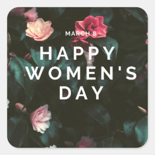 Happy women's day text on floral square sticker