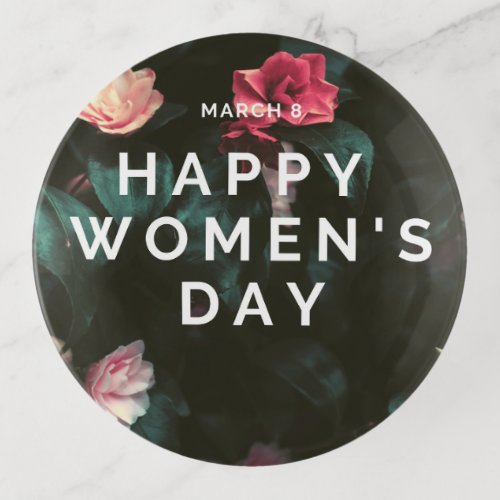 Happy women's day text on floral trinket tray