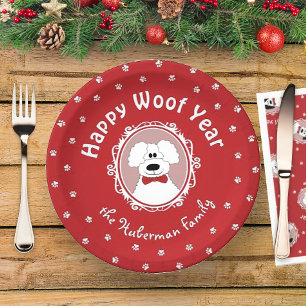 'Happy Woof Year' Poodle with a Bow Tie Paper Plates