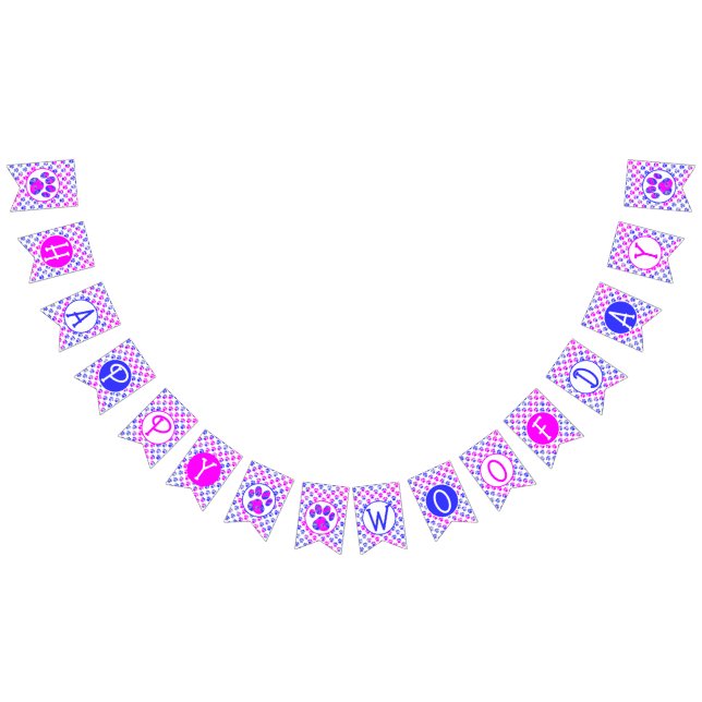 Happy Woofday Blue White Pink Paw Silhouette Bunting Flags (All)