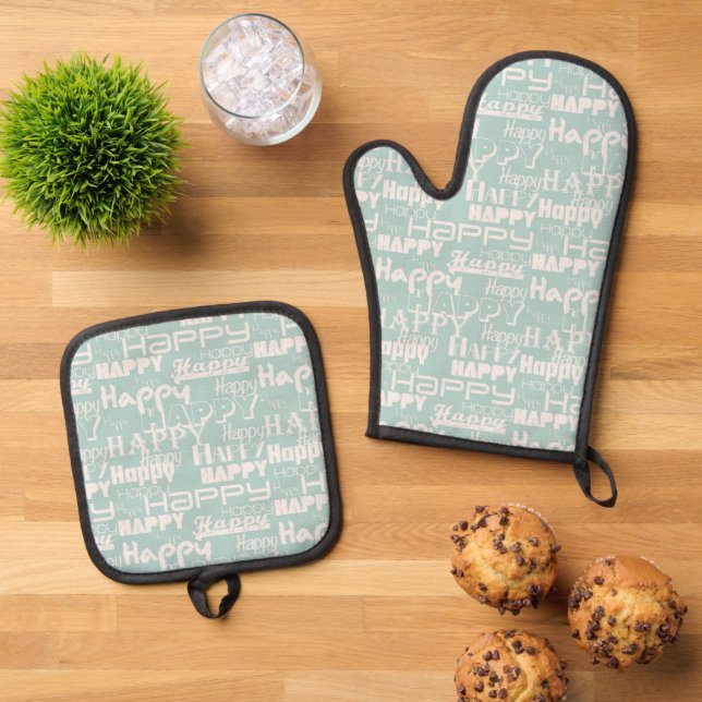 Happy Words Blue Oven Mitt & Pot Holder Set (Top Down)