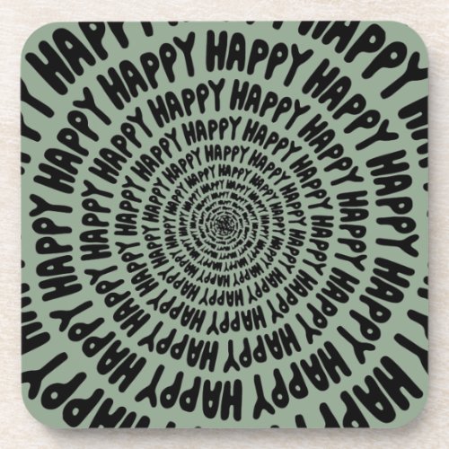 Happy words font spiral concentric circles green  beverage coaster