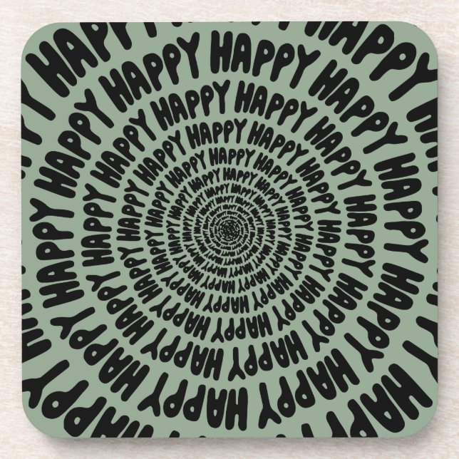 Happy words font spiral concentric circles green  beverage coaster (Front)