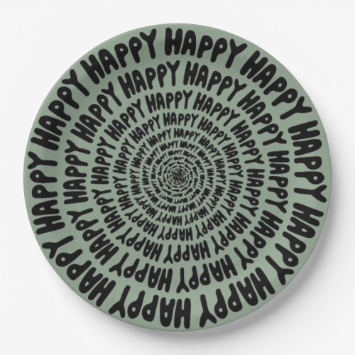 Happy words font spiral concentric circles green paper plates