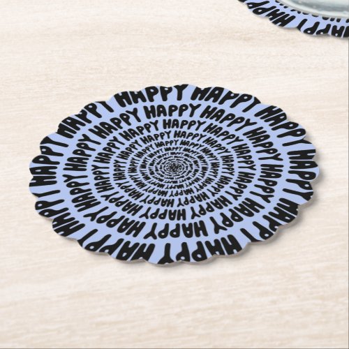Happy words font spiral concentric circles lilac b paper coaster