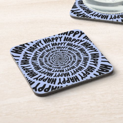 Happy words font spiral concentric circles lilac beverage coaster