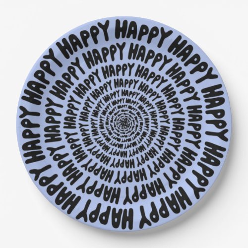 Happy words font spiral concentric circles lilac paper plates