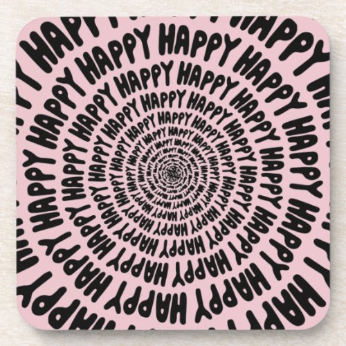 Happy words font spiral concentric circles pink   beverage coaster