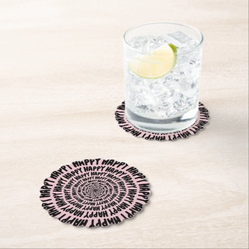 Happy words font spiral concentric circles pink paper coaster