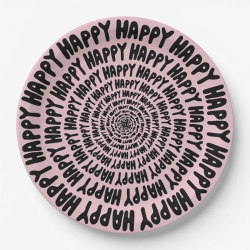 Happy words font spiral concentric circles pink paper plates