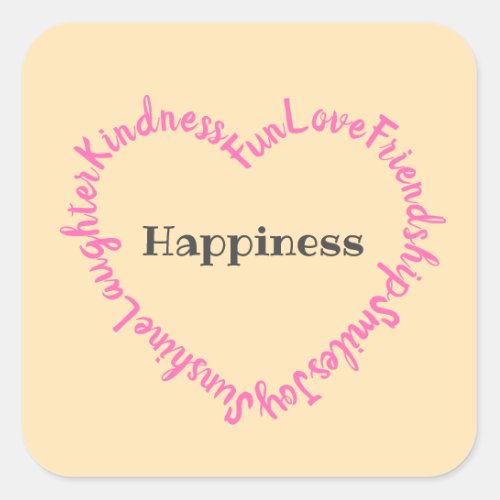 Happy Words Typographic Heart Pink and Peach Square Sticker