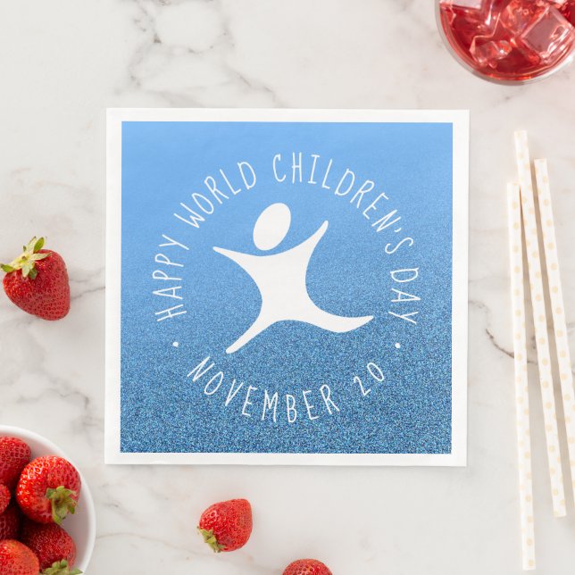 Happy World Children's Day Blue Glitter Paper Dinner Napkins (Insitu)