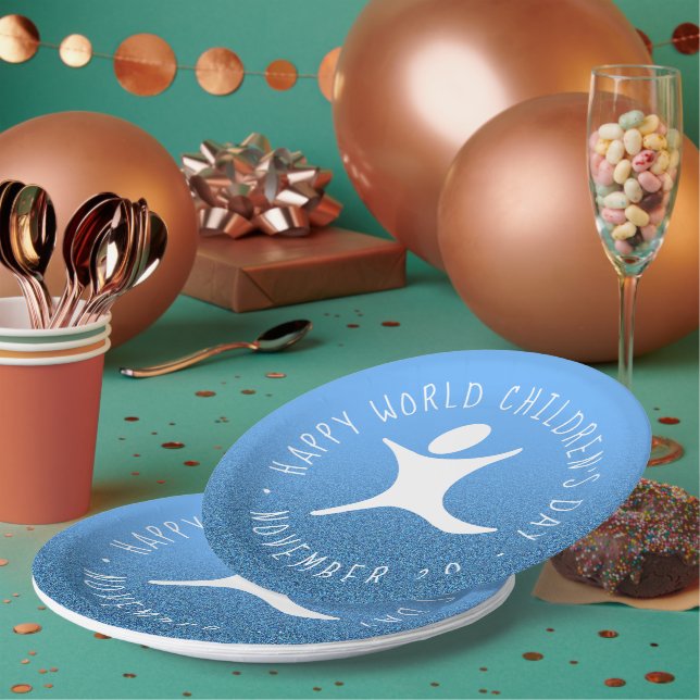Happy World Children's Day Blue Glitter Paper Plates (Multi)