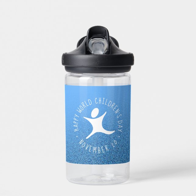 Happy World Children's Day Blue Glitter Water Bottle (Front)