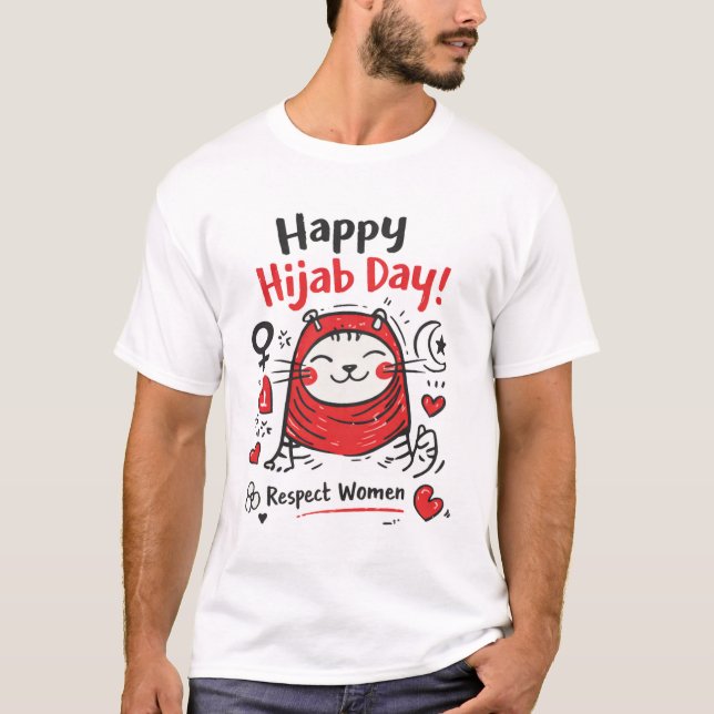 Happy World Hijab Day – Cute Cat Respect Women Des T-Shirt (Front)