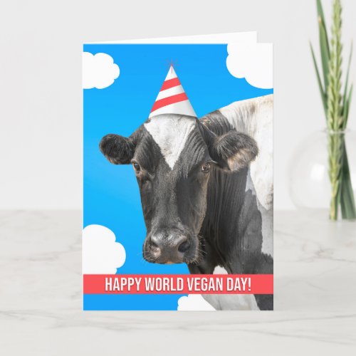 Happy World Vegan Day Cute Cow in Party Hat  Holiday Card