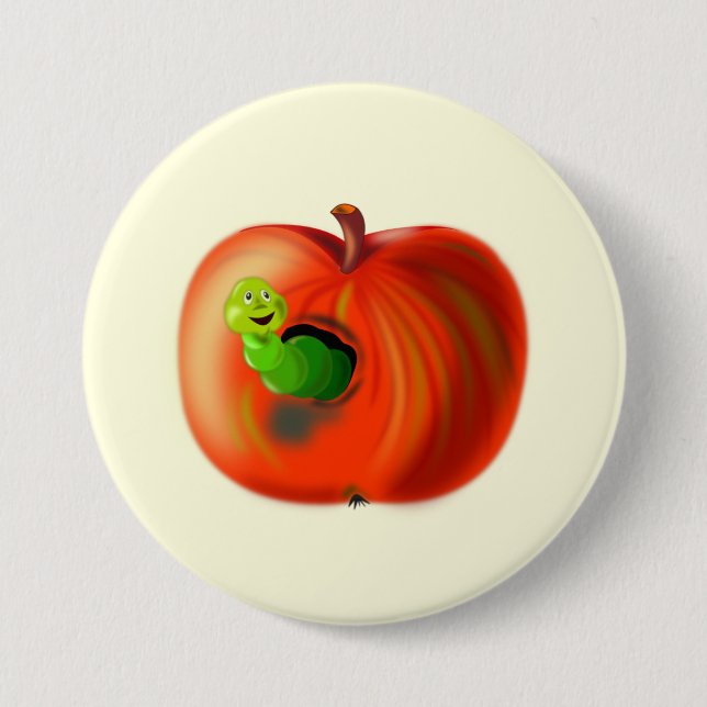 Happy Worm In Red Apple Button (Front)