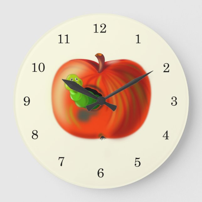 Happy Worm In Red Apple Large Clock (Front)