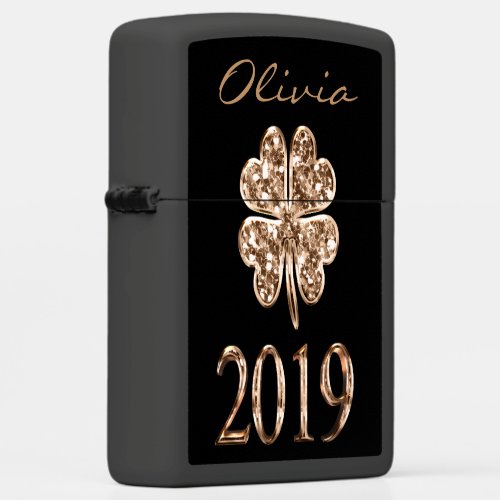Happy Year 2019 Four Leaf Clover Black and Gold Zippo Lighter