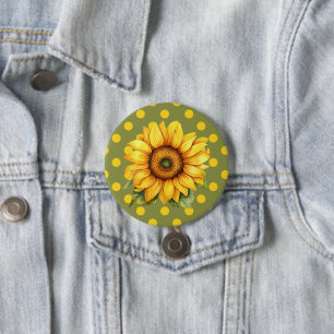 Happy Yellow and Green Sunflower on Polka-Dot Button