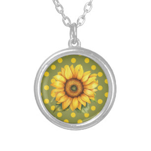 Happy Yellow and Green Sunflower on Polka-Dot Silver Plated Necklace