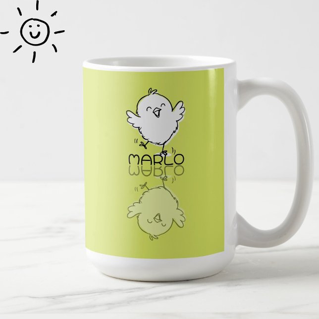 Happy Yellow Chick Reflection Doodle Custom Name Coffee Mug (Creator Uploaded)