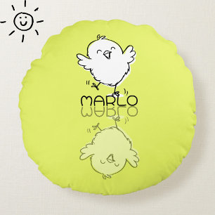 Happy Yellow Chick Reflection Doodle Custom Name Round Pillow