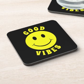 Happy Yellow Face Good Vibes Black Beverage Coaster by ironydesigns at Zazzle