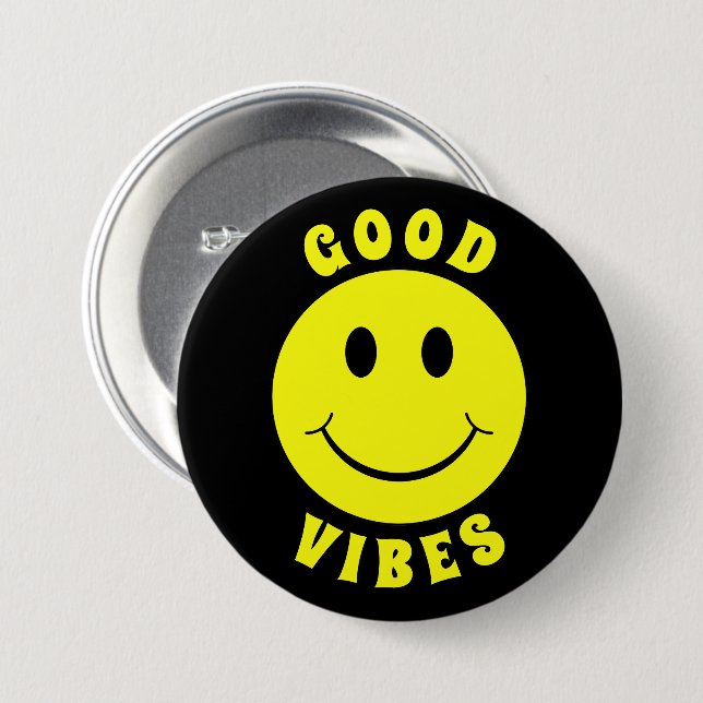 Happy Yellow Face Good Vibes Black Button (Front & Back)