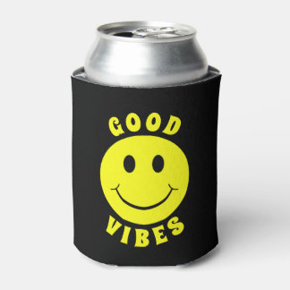 Happy Yellow Face Good Vibes Black Can Cooler