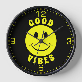 Happy Yellow Face Good Vibes Black Clock