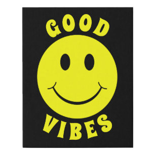 Happy Yellow Face Good Vibes Black Faux Canvas Print