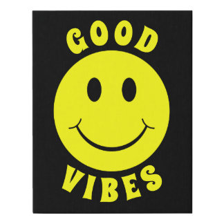 Happy Yellow Face Good Vibes Black Faux Canvas Print