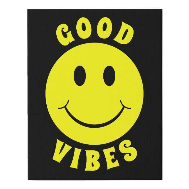 Happy Yellow Face Good Vibes Black Faux Canvas Print (Front)