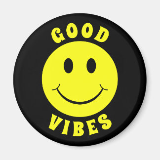 Happy Yellow Face Good Vibes Black Magnet