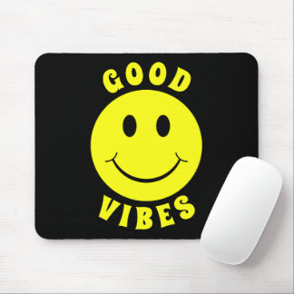 Happy Yellow Face Good Vibes Black Mouse Pad